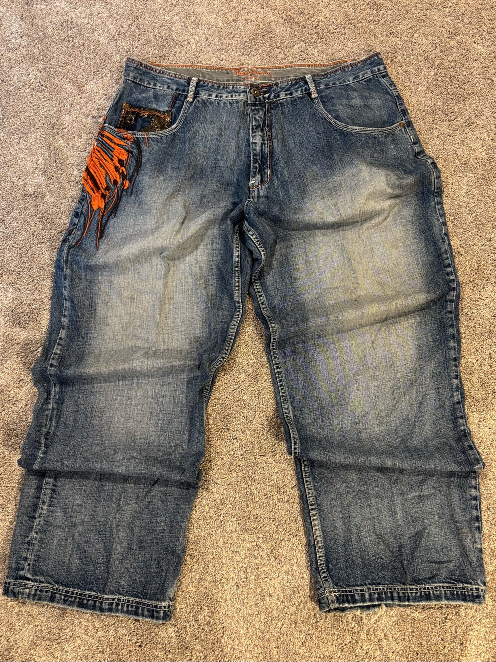 Vtg Pepe Jeans London Baggy Hip Hop Skater Y2K Embroidered Indian Feathers Sz 42